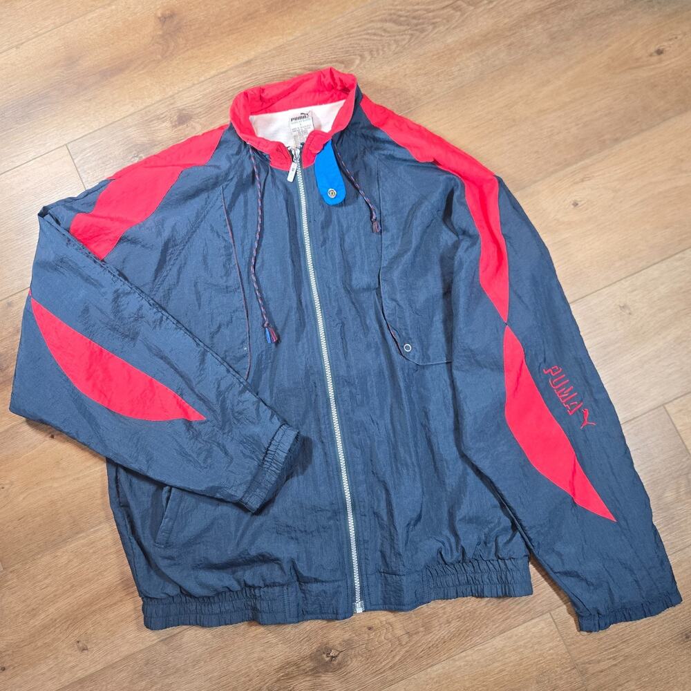 Vintage 90s Puma Windbreaker Jacket XL Red Blue Colorblock Retro Streetwear